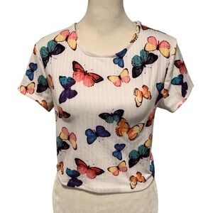 Butterfly Print Women's Crop Top, Pretty Lace Up Back Size Small